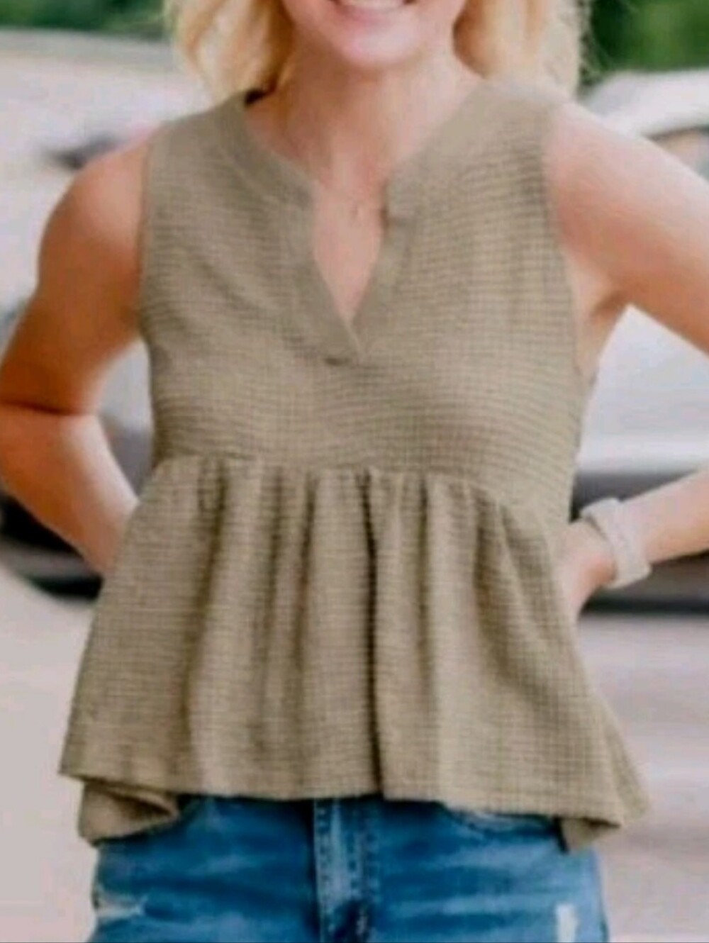 MINE $64 Anthropologie Olive Green Babydoll Summer Short Knit Top Sz L